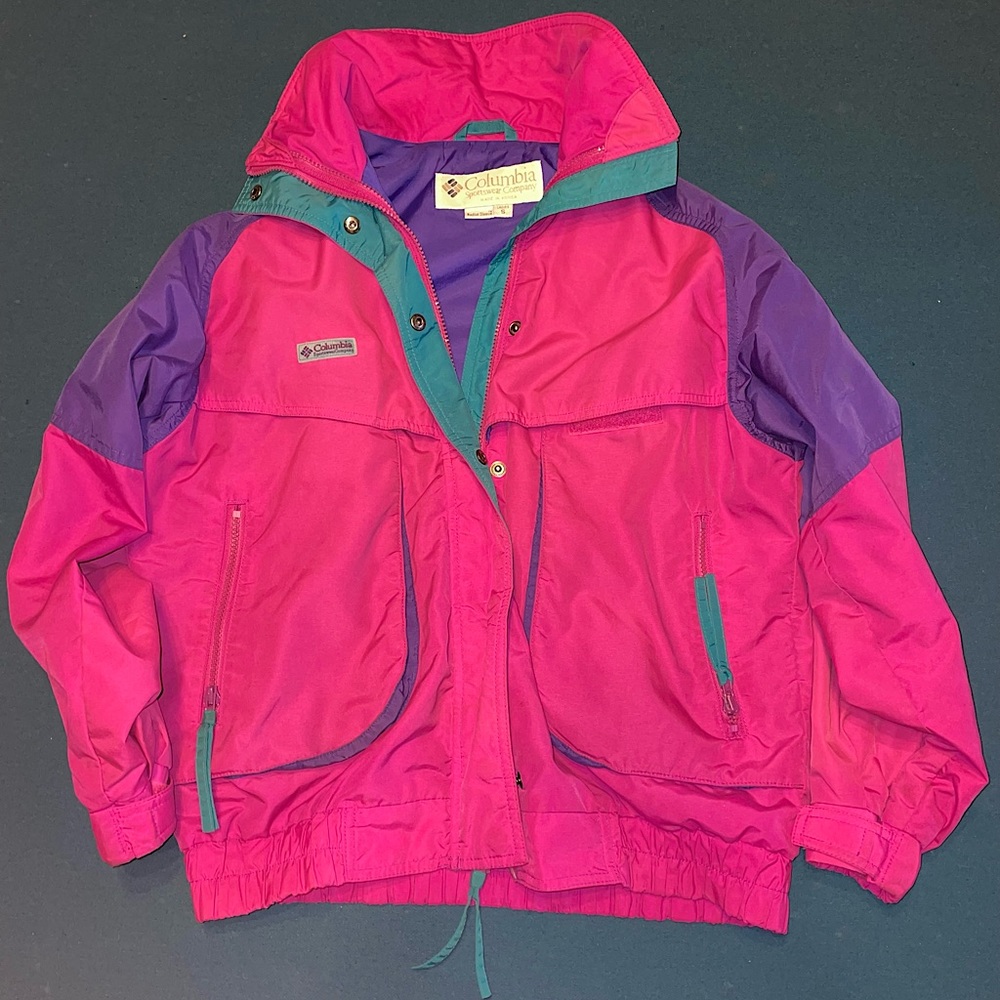 Columbia Retro 90s Womens Powder Keg Radial Sleeve Pink Teal Ski Jacket